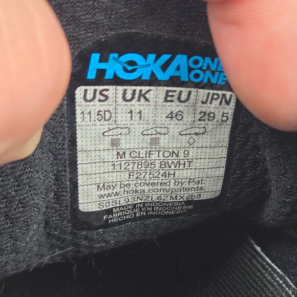 Hoka One One Clifton 9 Black White Athletic Gym Casual Running Shoe Mens 11.5 D - Picture 13 of 13